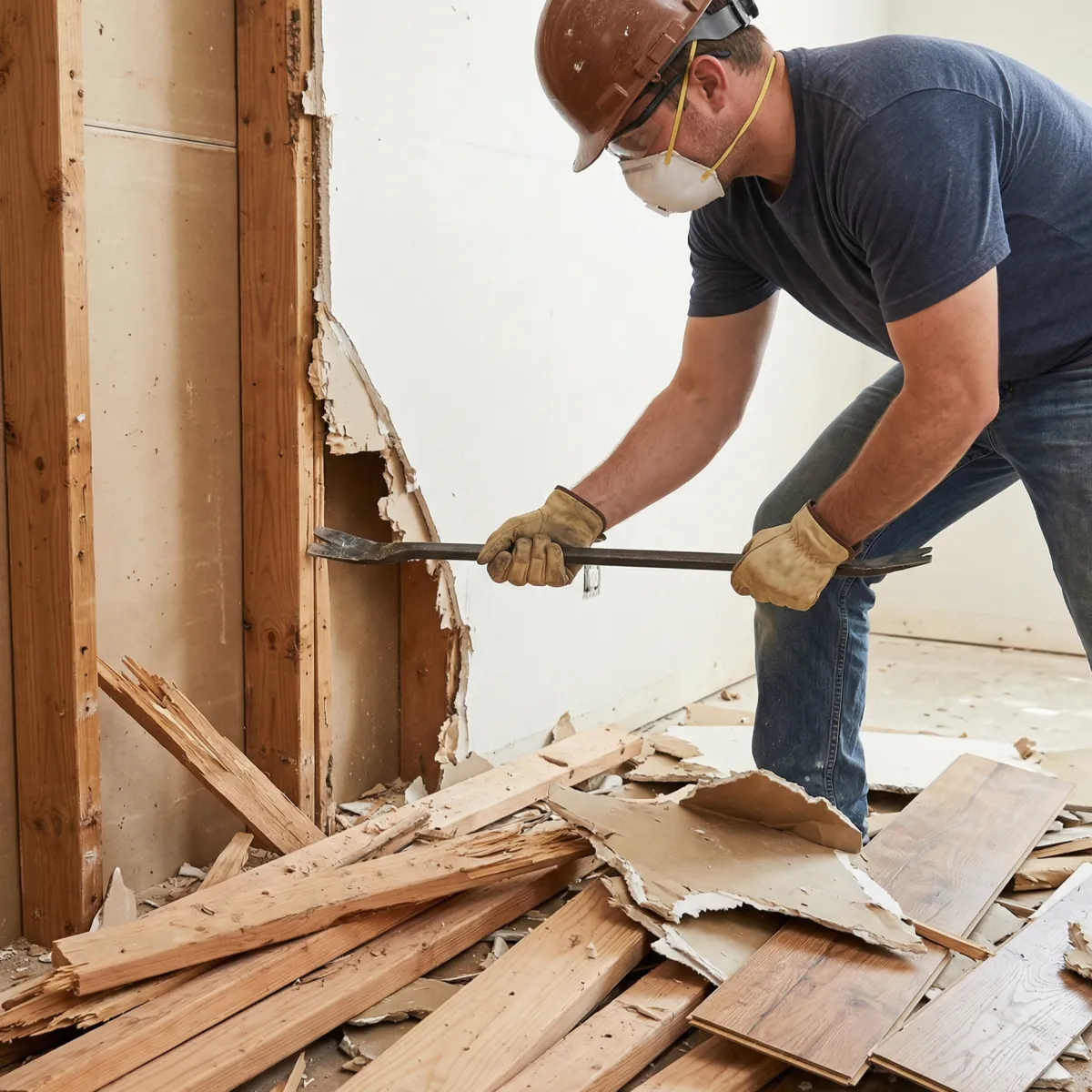 Close-up of construction worker in PPE removing old drywall, structural wood framing, and flooring planks at a renovation site, emphasizing safe heavy structural tear-outs.