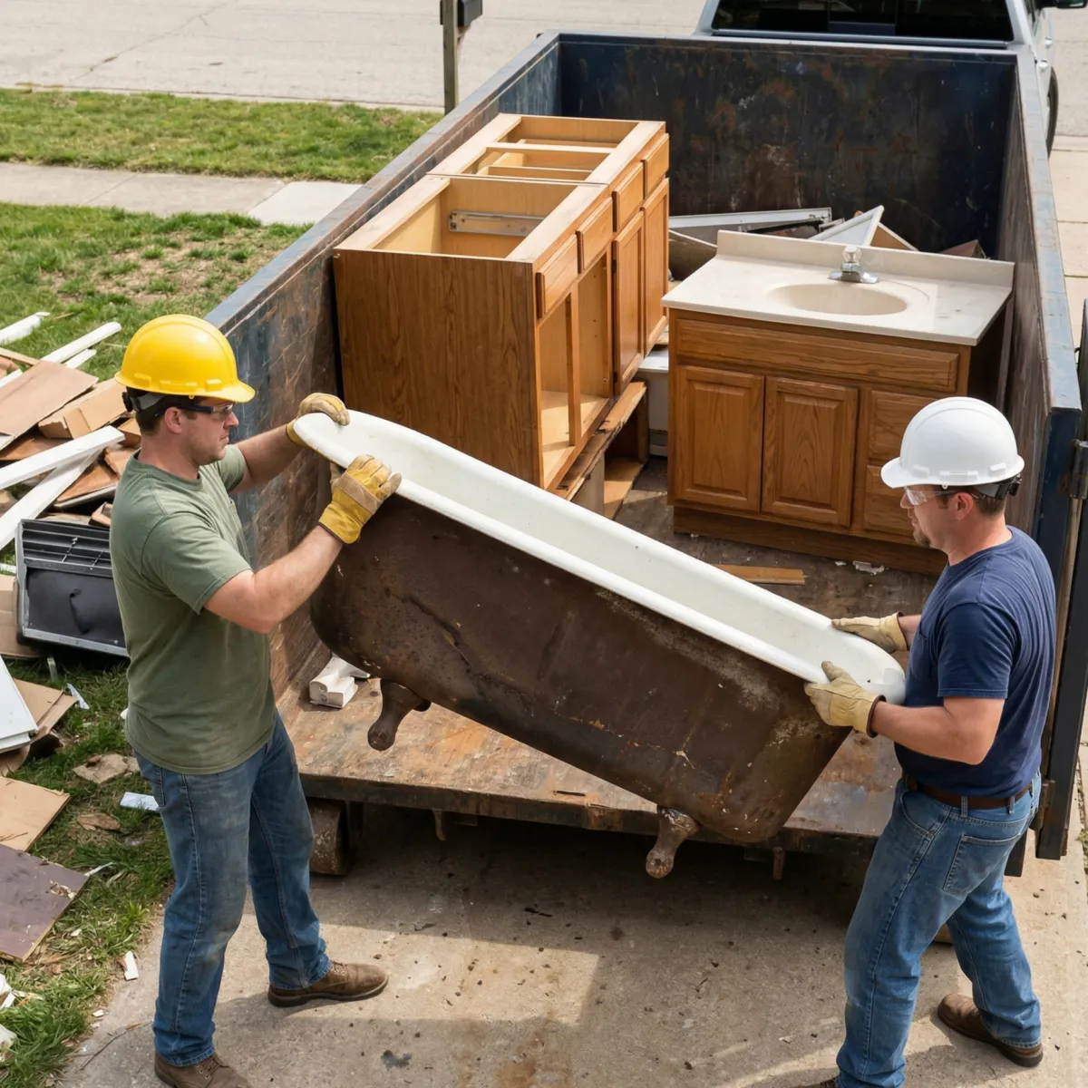 Two workers in PPE loading a bulky old bathtub and wooden cabinets into a construction dumpster for safe appliance and fixture hauling and disposal services.