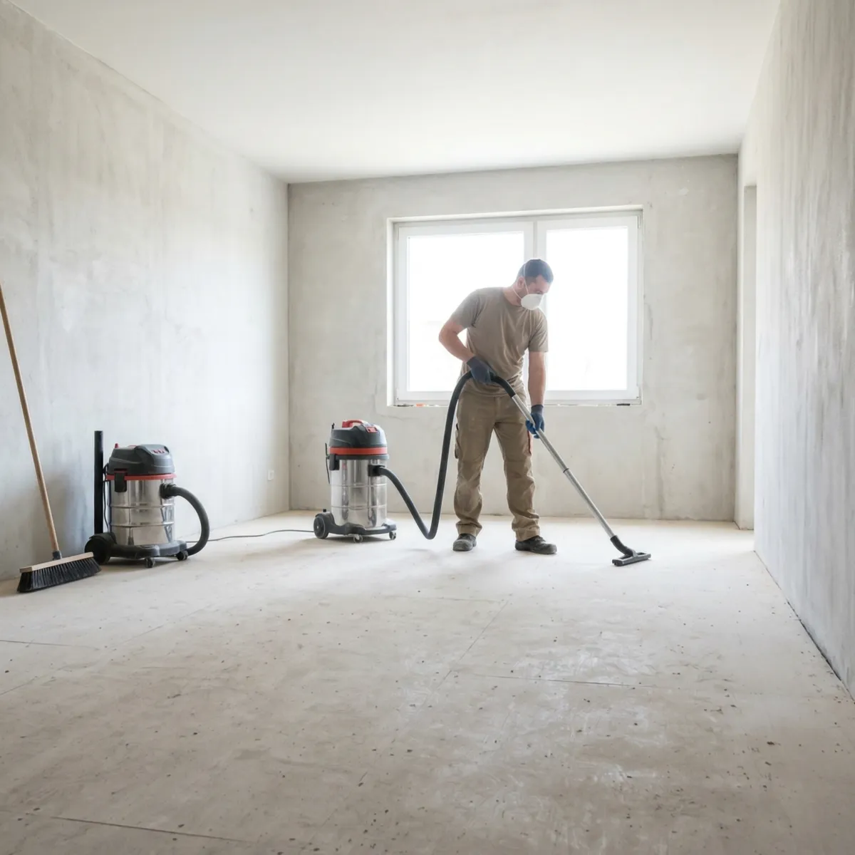 Wide shot of a construction worker using an industrial vacuum to perform a complete site sweep and final cleaning of a newly cleared interior room, leaving it safe, empty, and ready for the next phase of construction.