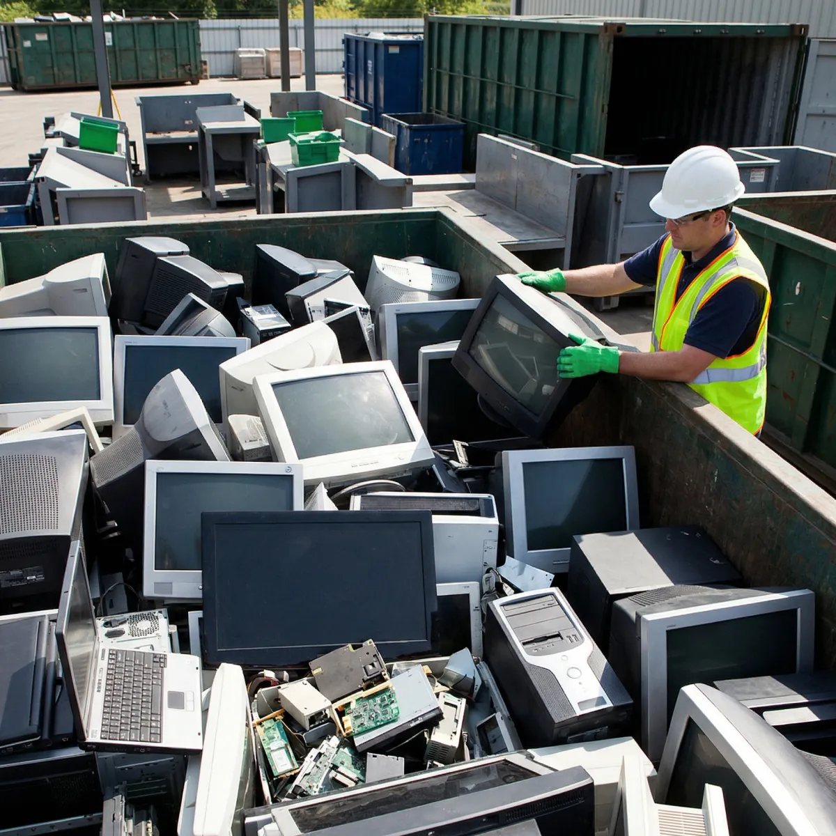 Dedicated electronic waste recycling collection point overflowing with sorted decommissioned TVs, CRT monitors, computer towers, laptops, and miscellaneous electronic components.