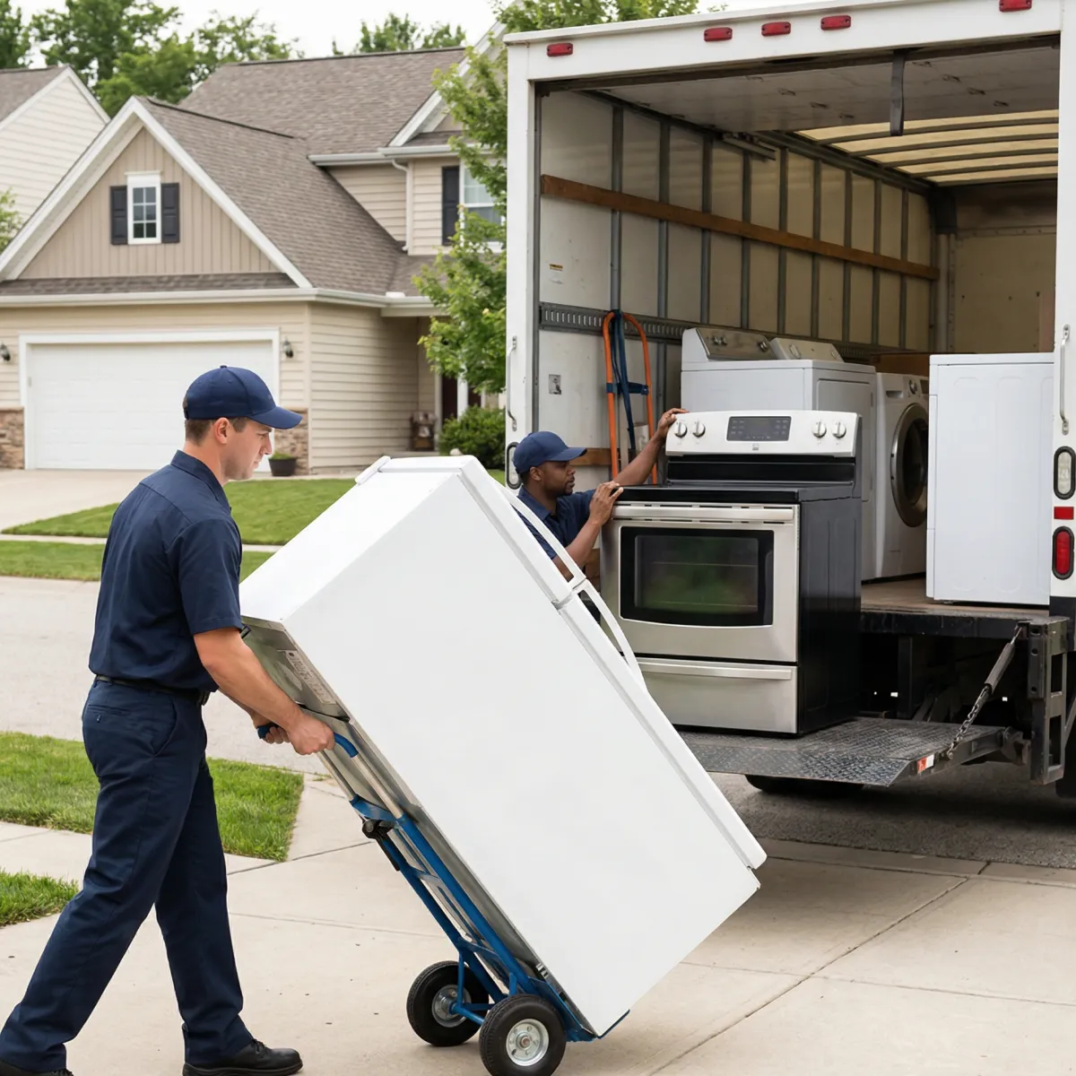 Professional uniformed appliance removal service loading refrigerators, stoves, washing machines, and dryers onto a large white box truck in a residential driveway.