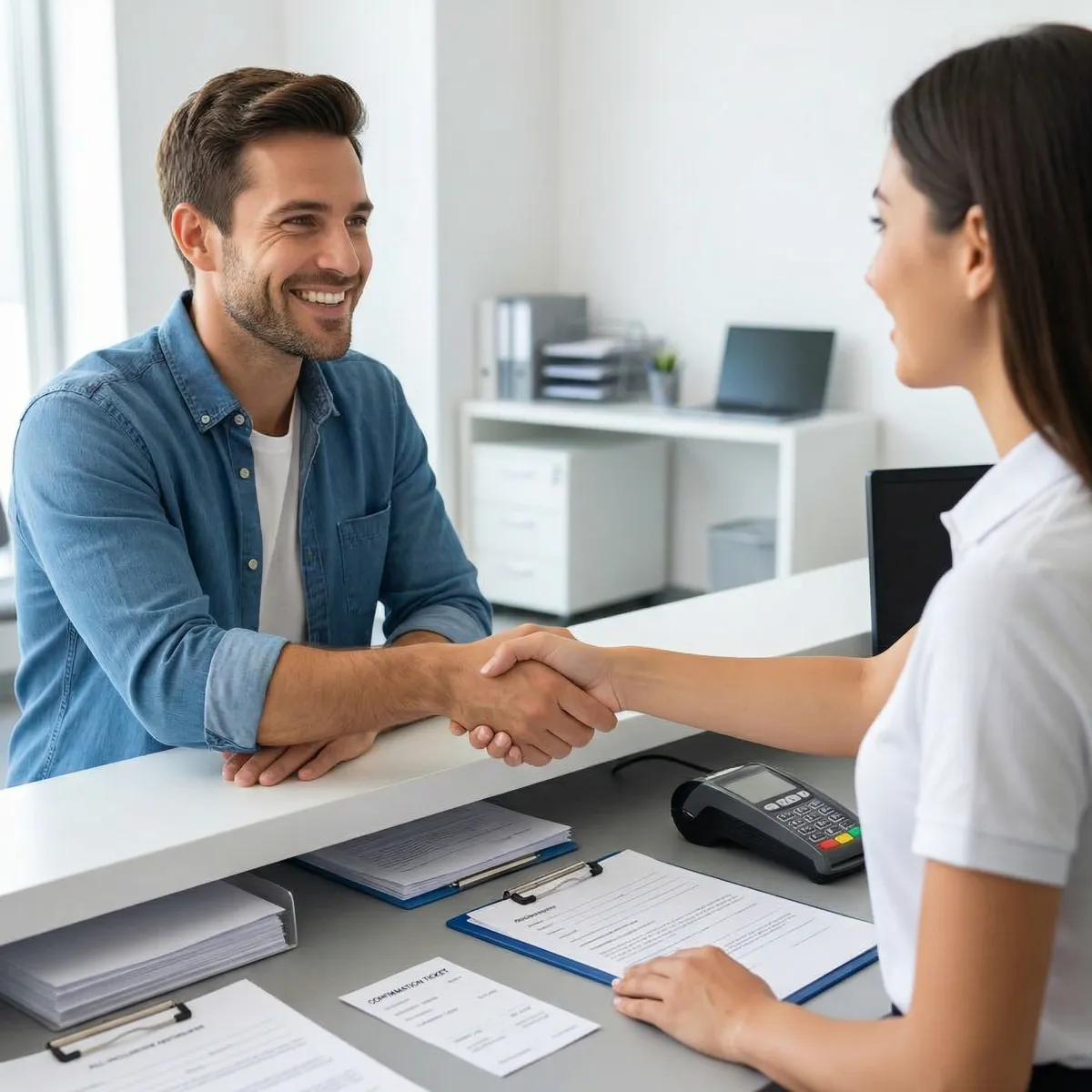 happy customer receiving a clear, all-inclusive payment receipt from a service representative at a counter, symbolizing transparent pricing with no hidden fees or extra charges.