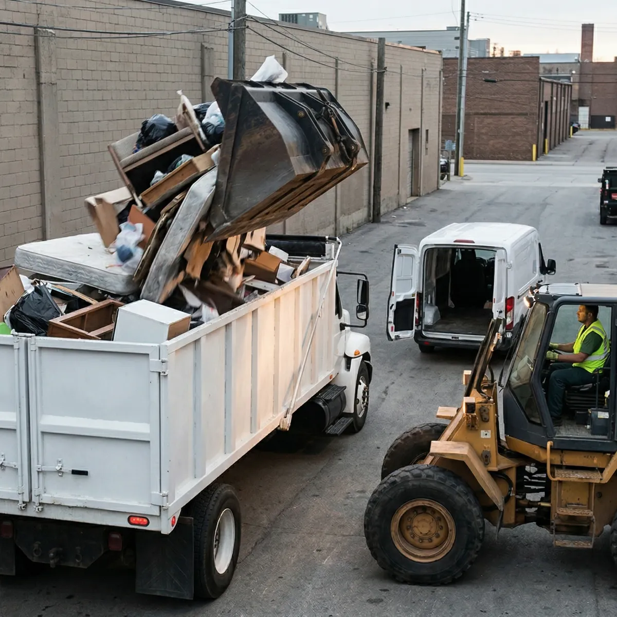 Fast-response dispatch team using heavy machinery to clear unexpected bulk trash