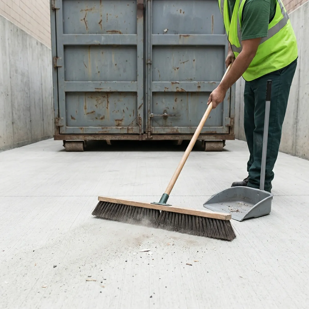 sweep of a spotless, clean dumpster enclosure after large debris removal, focusing on a spotless finish.