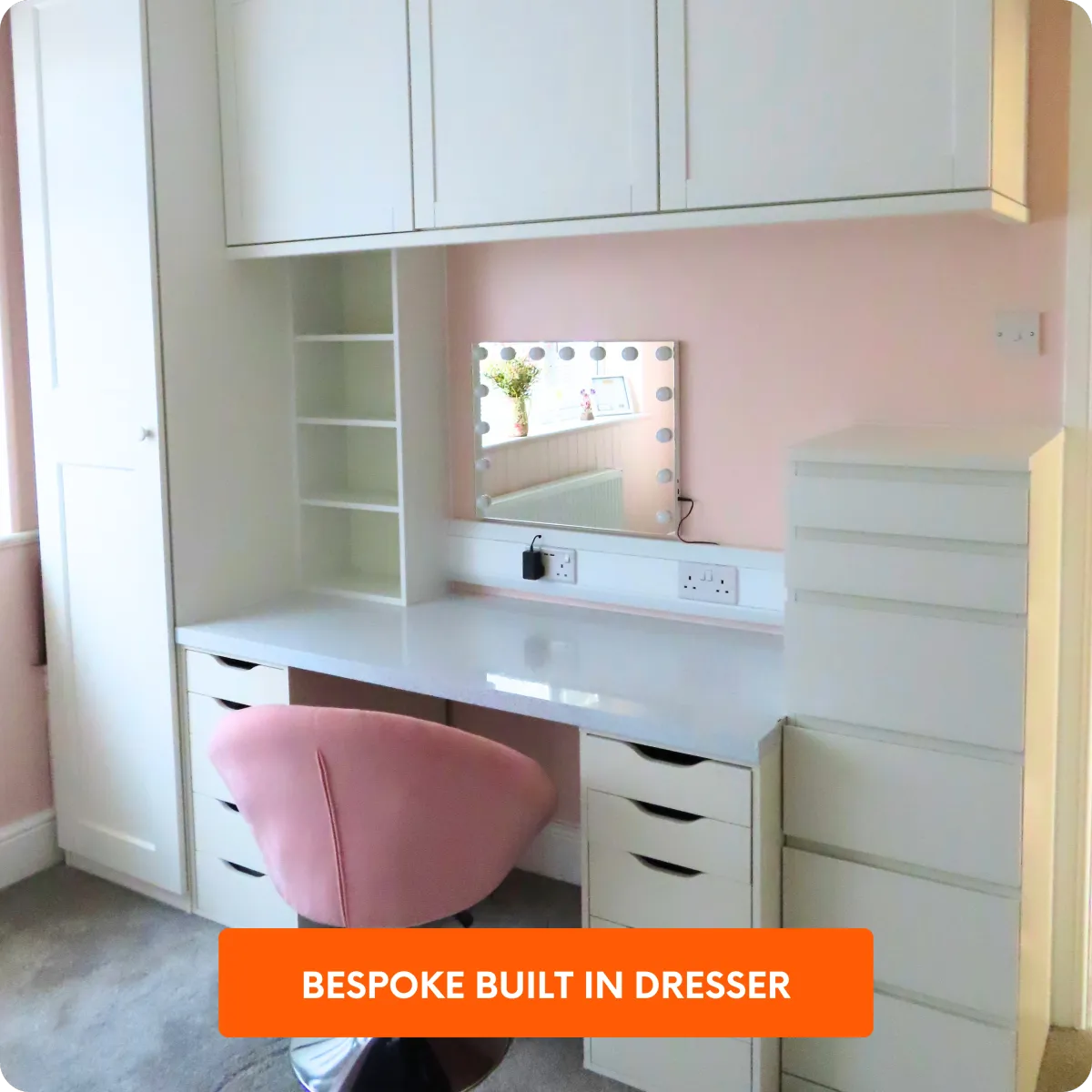 Fitted beauty room installation with bespoke storage units, wardrobe and dressing area 