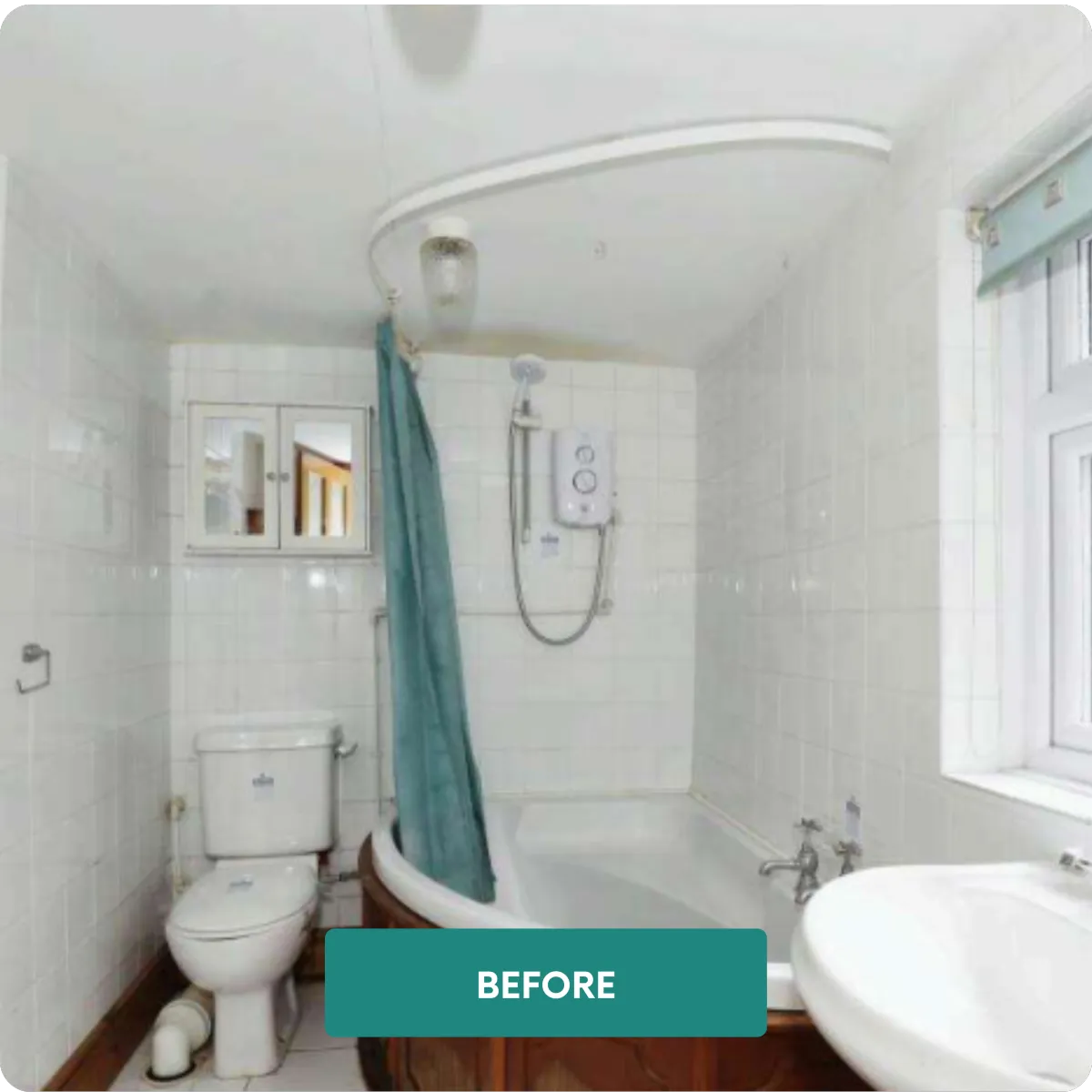 Dated bathroom, with wooden and white tile fixtures and exposed plumbing. 