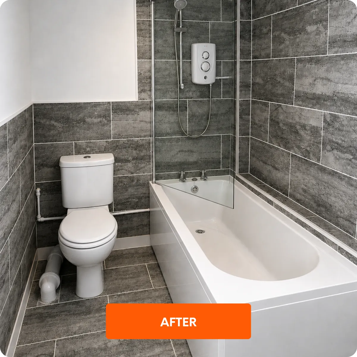 Completed bathroom renovation featuring full-length bath, electric shower and stone-effect tiling 