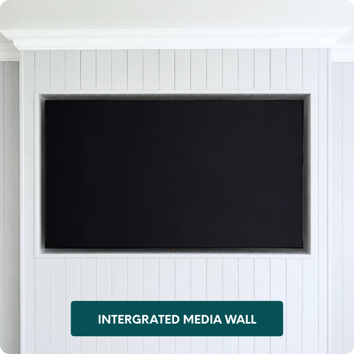 Custom tongue and groove wall panelling with built-in television recess and concealed cabling 
