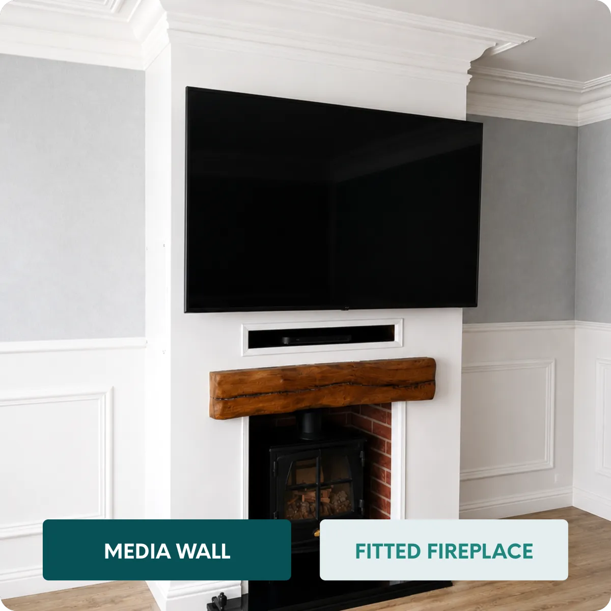 Custom living room media wall with fireplace, decorative panelling and bespoke joinery 