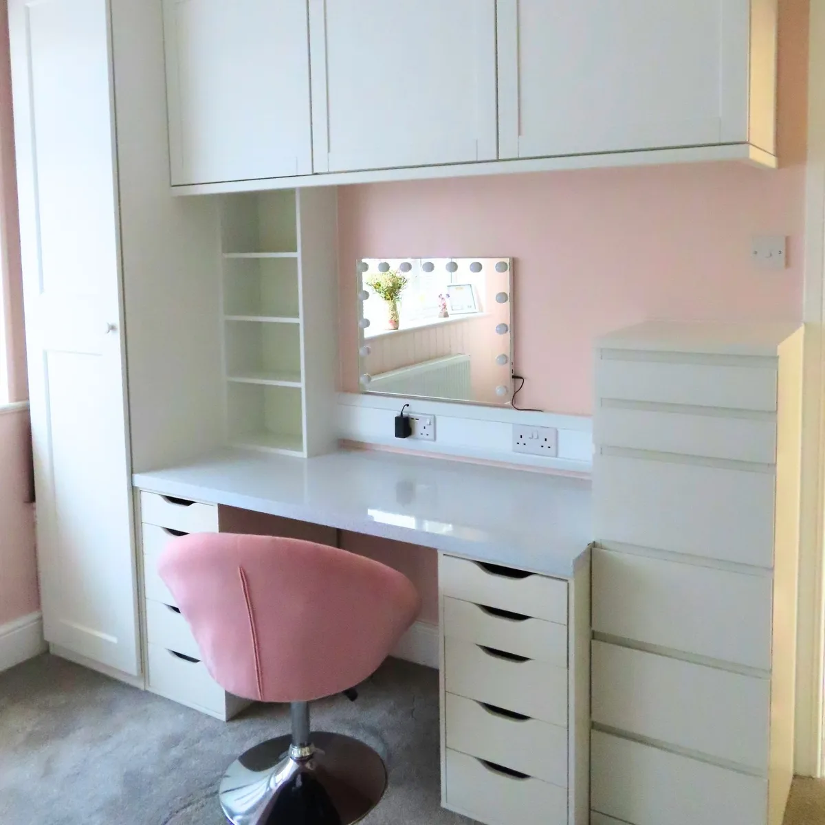 Fitted beauty room installation with bespoke storage units, wardrobe and dressing area 