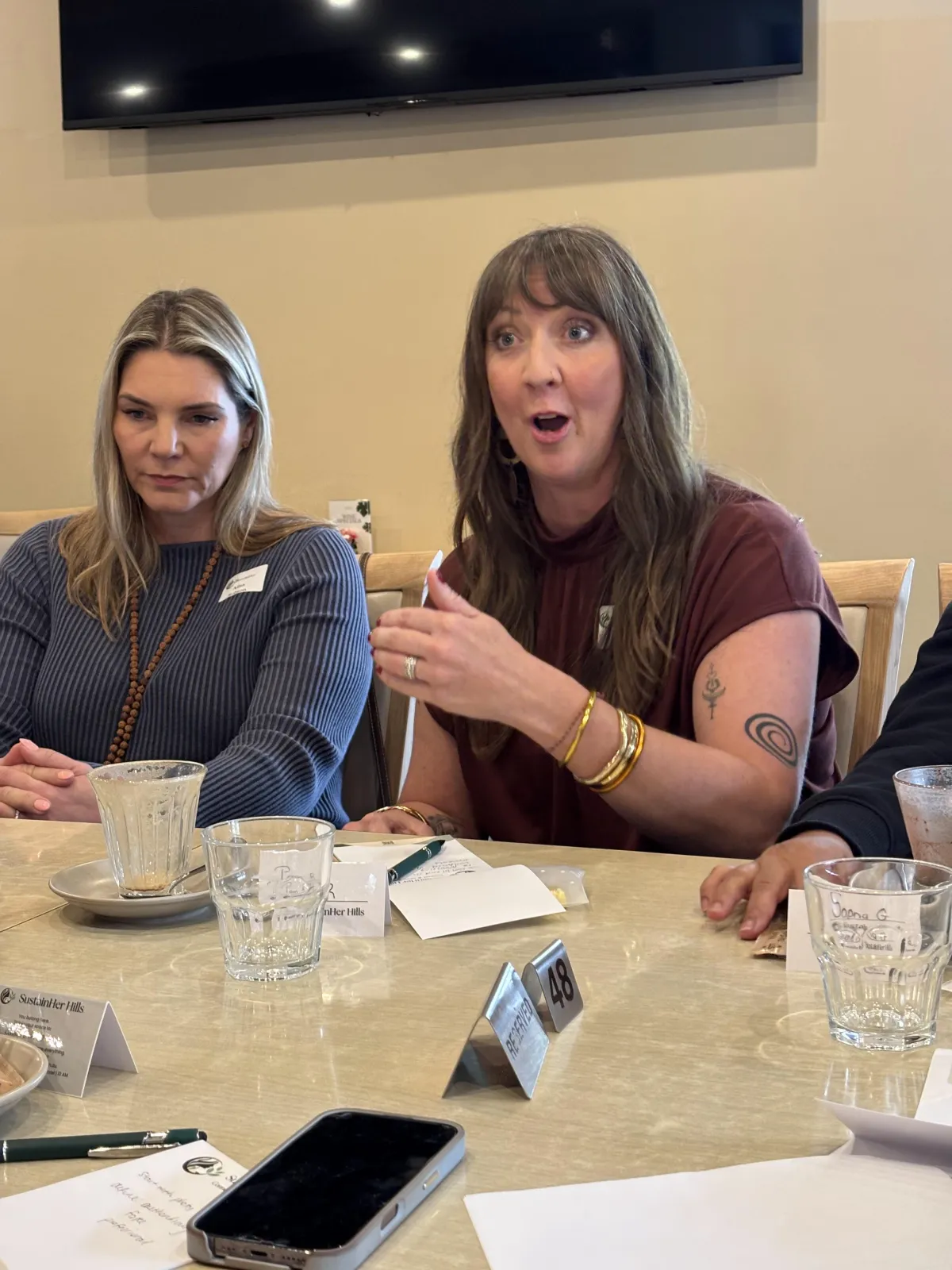 A roundtable session with small business owners collaborating over laptops and notepads, exchanging ideas in a sunlit room with plants and creative decor. The group is mixed in age and ethnicity, fostering inclusivity and innovation.