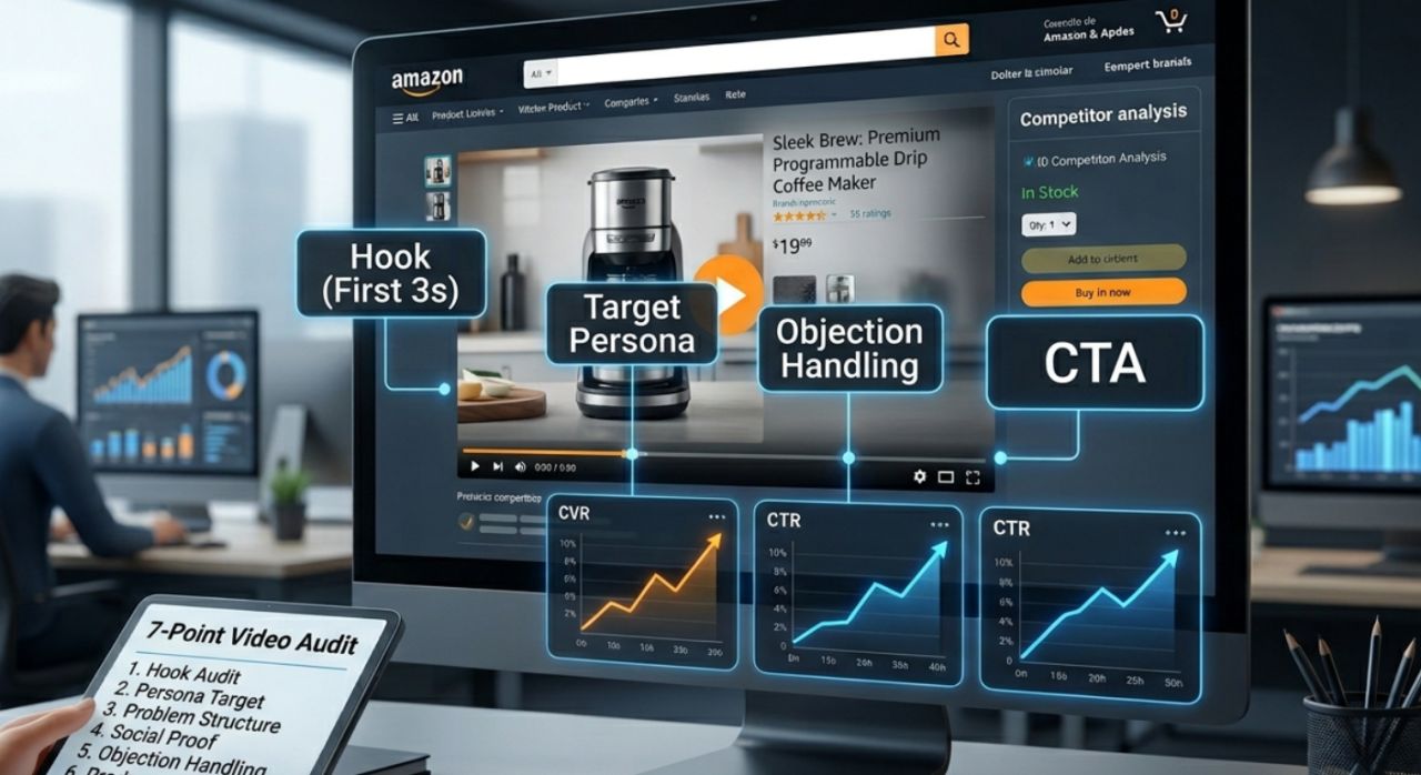 An Amazon competitor video analysis framework displayed on a computer screen, showing e-commerce optimization metrics like CVR and CTR for product listings.