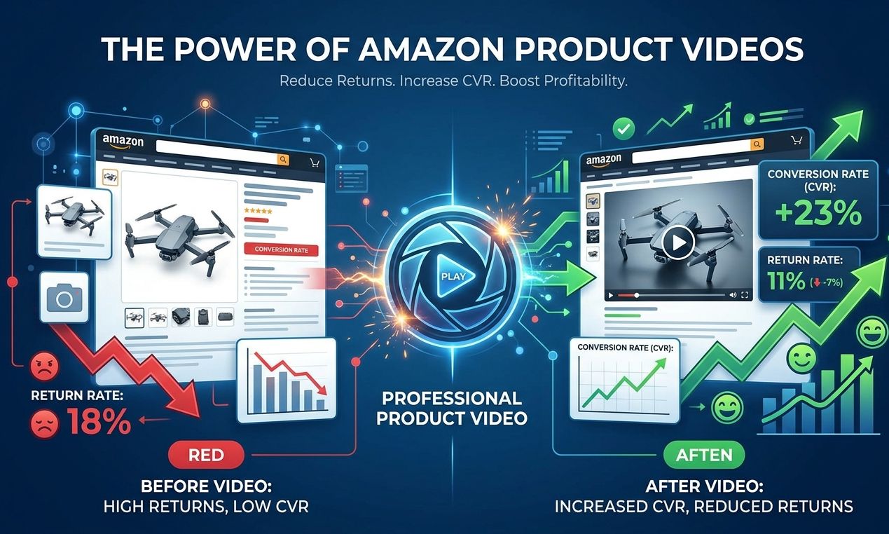 Comparative chart showing Amazon product video ROI: professional video reduced returns from 18% to 11% and increased conversion rate (CVR) by 23%.