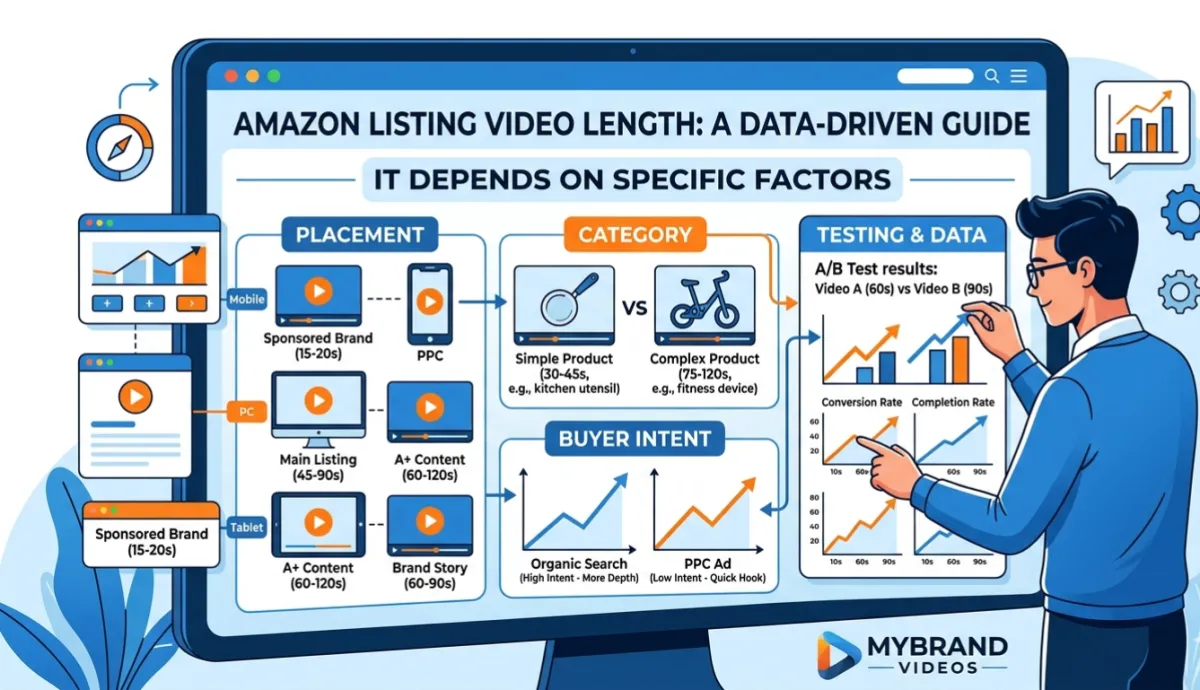Infographic illustrating the data-driven guide for Amazon listing video length based on placement, category complexity, and buyer intent.