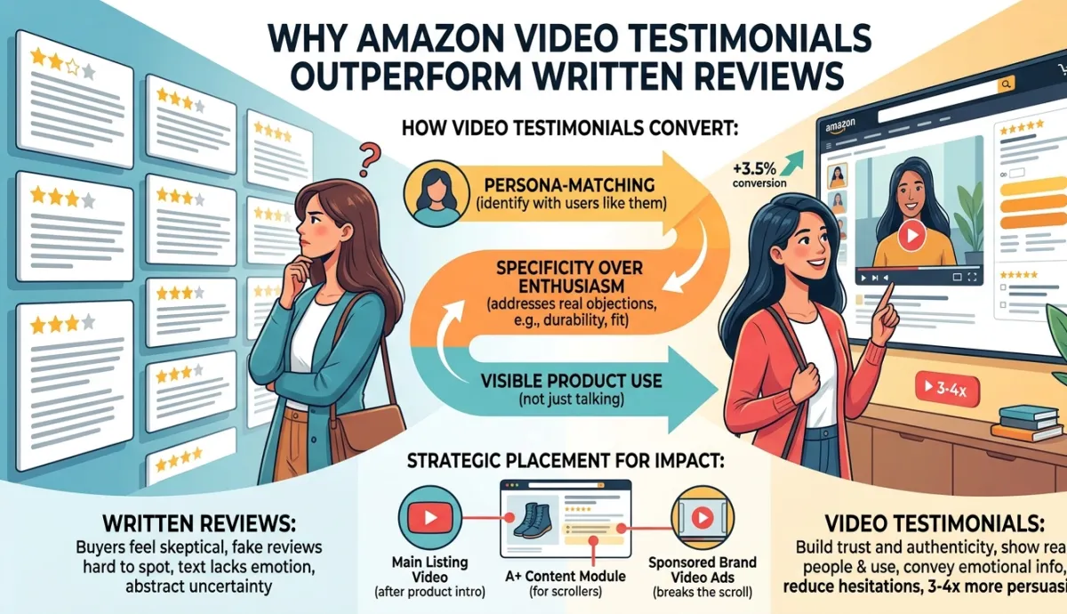 Infographic comparing Amazon written reviews vs video testimonials, highlighting how video builds trust, offers persona-matching, provides specificity over enthusiasm, and shows visible product use to increase conversion rates.
