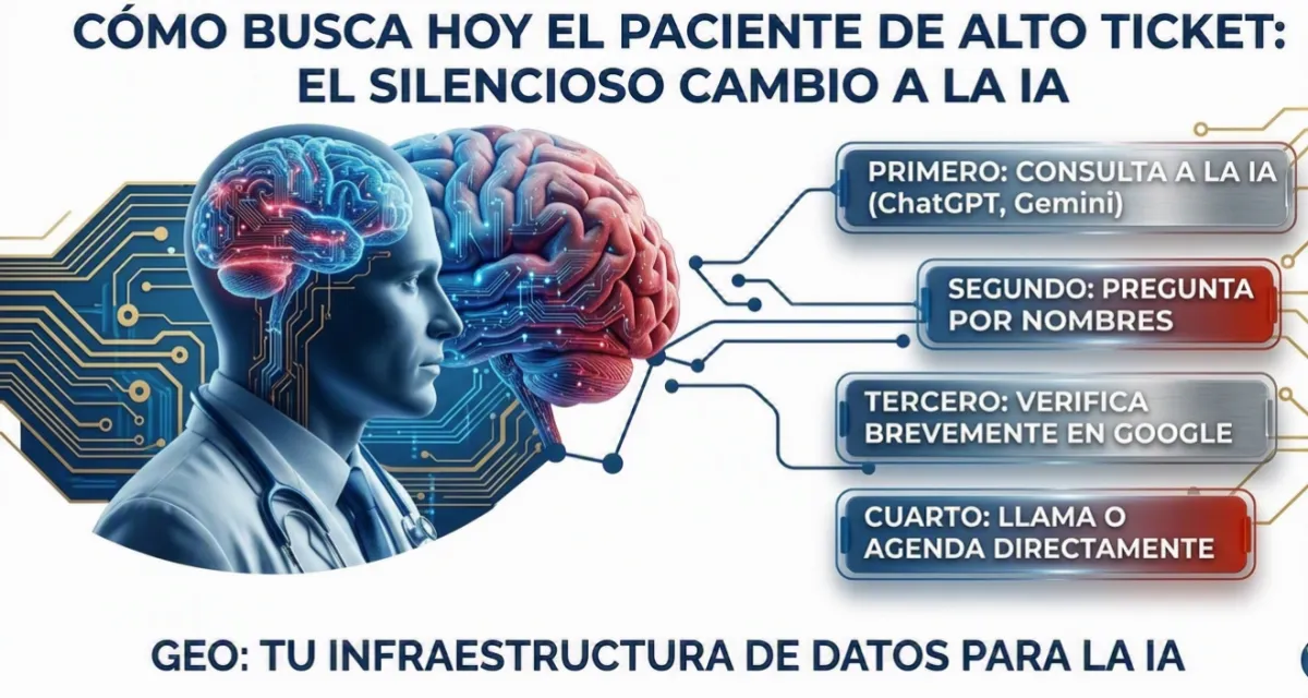 Gráfico fotorrealista premium de BrandLooper: Un médico y un cerebro biológico-digital integrados, ilustrando el flujo de 4 pasos del nuevo paciente de alto ticket: Consulta a la IA, Pregunta nombres, Verifica en Google y Agenda directamente.