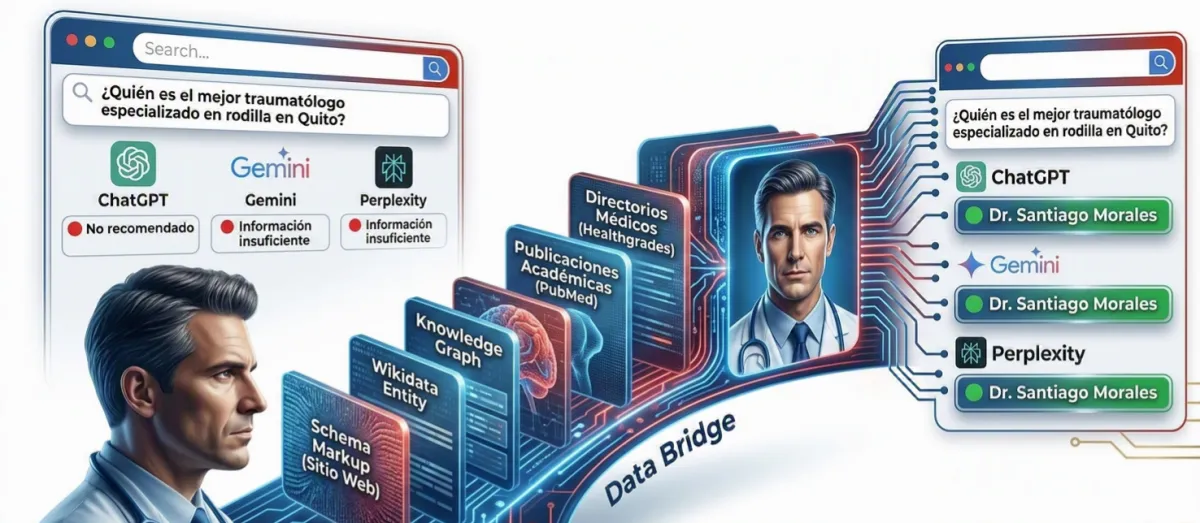Infografía de BrandLooper: El proceso de Data Bridge para médicos especialistas. Muestra cómo implementar Schema markup, Wikidata, Knowledge Graph y publicaciones académicas permite pasar de 'no recomendado' a ser la respuesta directa en ChatGPT, Gemini y Perplexity.