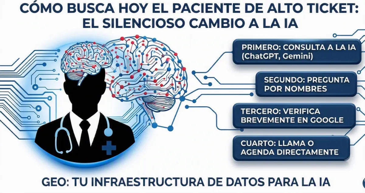 Imagen conceptual de BrandLooper que ilustra la transición de un médico especialista desde el ruido de las redes sociales hacia una arquitectura sólida de autoridad digital para captar pacientes de alto ticket.
