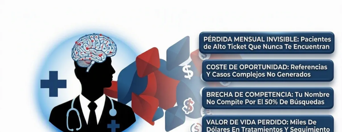Ilustración conceptual de BrandLooper: Representa al médico especialista frente a una brecha de pérdida financiera invisible causada por no aparecer en las recomendaciones de las IAs como ChatGPT o Gemini.