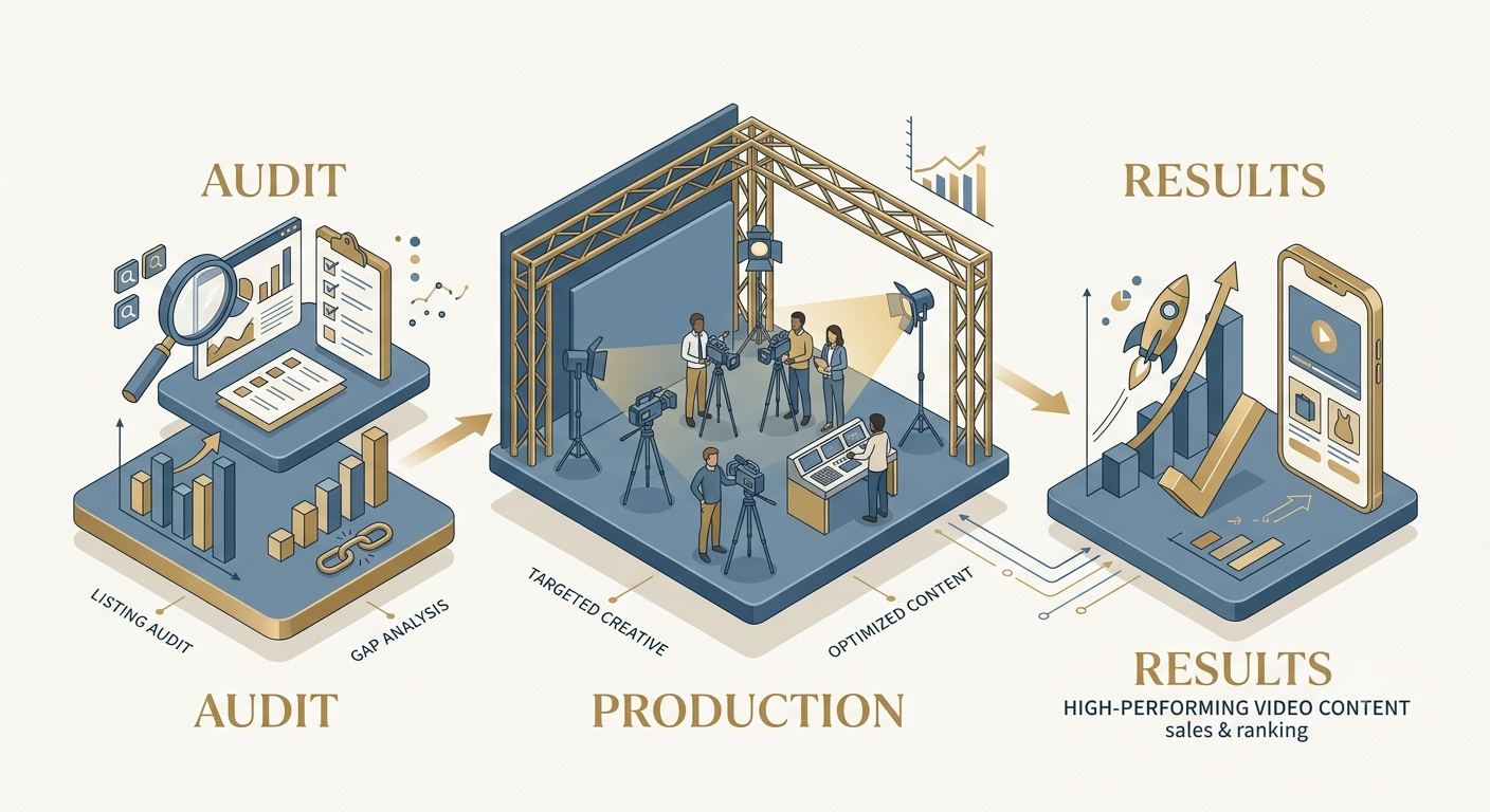 An isometric flat-design infographic for a 7-figure Amazon video content strategy, showcasing a continuous growth system from analysis to results using a clean palette of deep corporate blue, warm gold, and off-white without border lines.