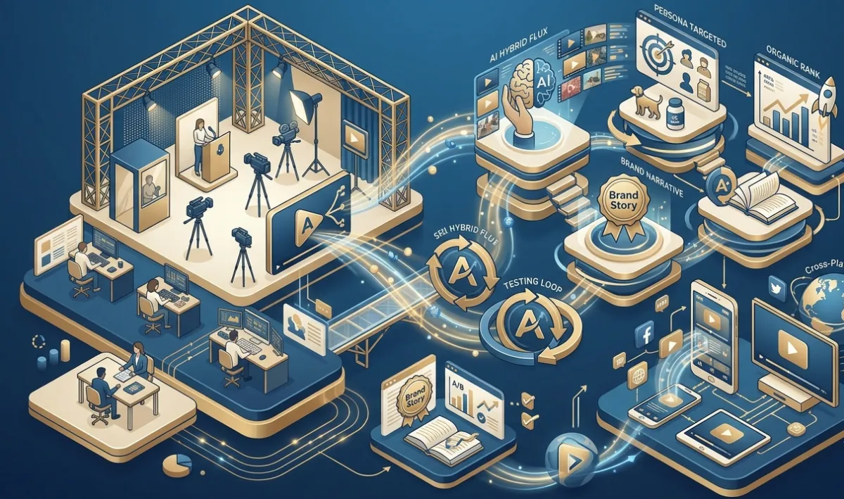 An intricate isometric infographic illustrating Amazon video marketing trends for 2026, showcasing an interconnected ecosystem of AI hybrid production, persona-targeted content, organic rank optimization, and brand storytelling on a dark blue and gold conceptual platform.