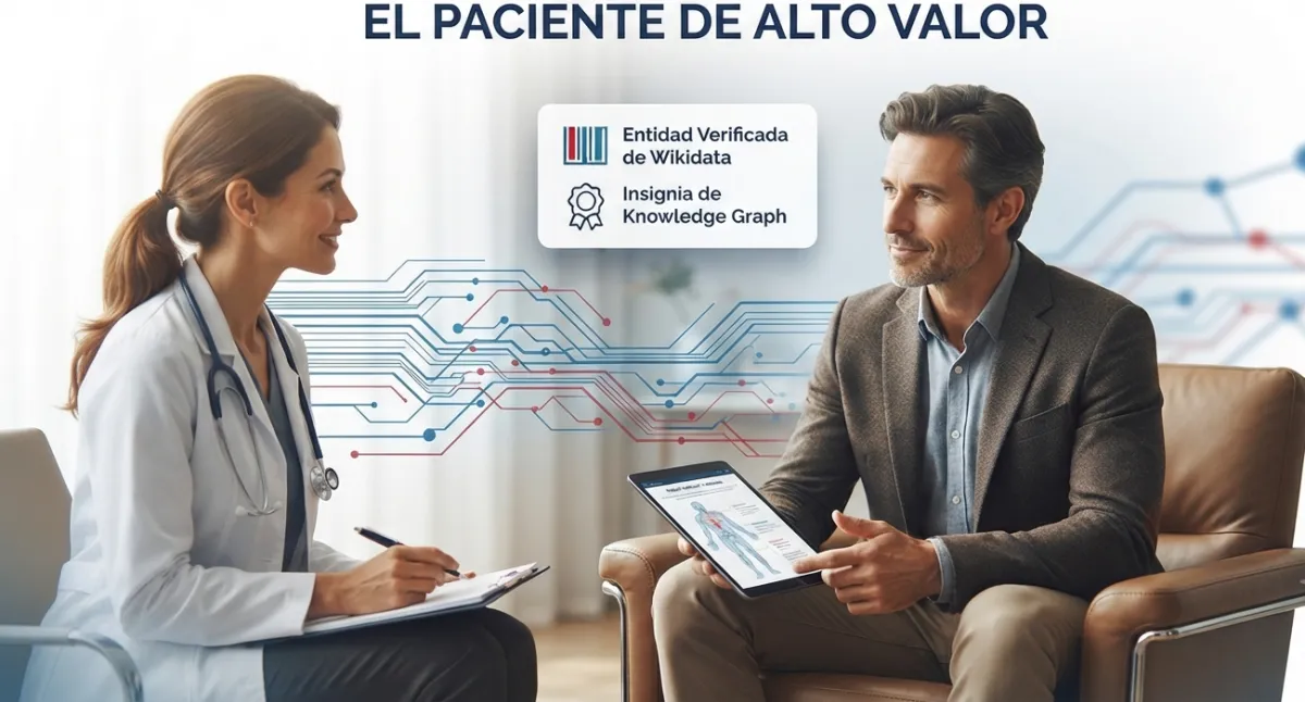 Infografía de BrandLooper ilustrando a una especialista médica y a un 'Paciente de Alto Valor' en consulta, mostrando la insignia de 'Entidad Verificada de Wikidata'. Representa el perfil de paciente informado y dispuesto a pagar por calidad