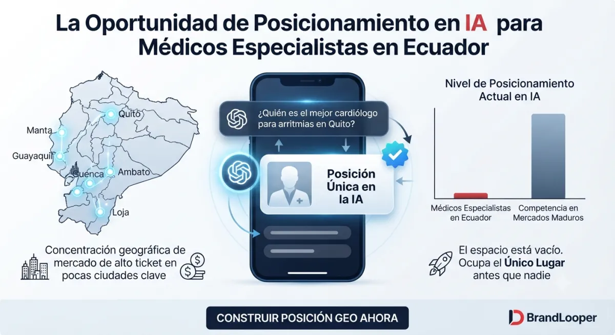 Infografía de BrandLooper que ilustra la gran oportunidad de posicionamiento en IA para médicos especialistas en Ecuador. Muestra el mapa del país, una consulta de IA en un smartphone y un gráfico comparativo de baja competencia.