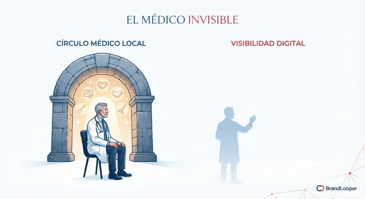 Infografía conceptual de BrandLooper que ilustra la paradoja del 'Médico Invisible'. Un especialista con gran autoridad clínica en su círculo local, pero ausente en el ecosistema de visibilidad digital (IA y búsqueda).