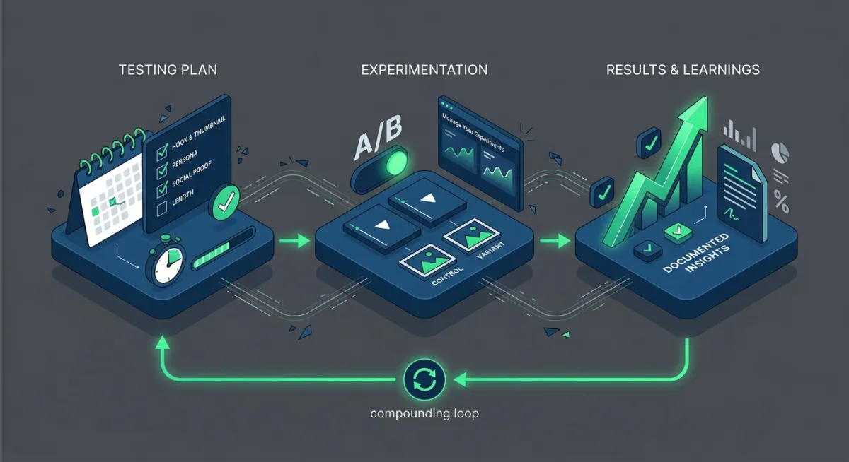 An isometric flat-design infographic illustrating a systematic three-stage Amazon video A/B testing strategy, showcasing a continuous self-perpetuating cycle from planning to experimentation to results.