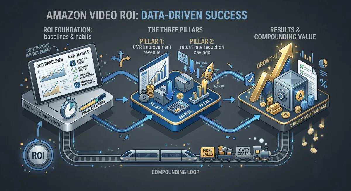 An isometric flat-design infographic illustrating a systematic three-stage Amazon video marketing ROI framework. It shows a continuous self-perpetuating cycle from foundation to pillars to results, visualized as connected digital platforms.