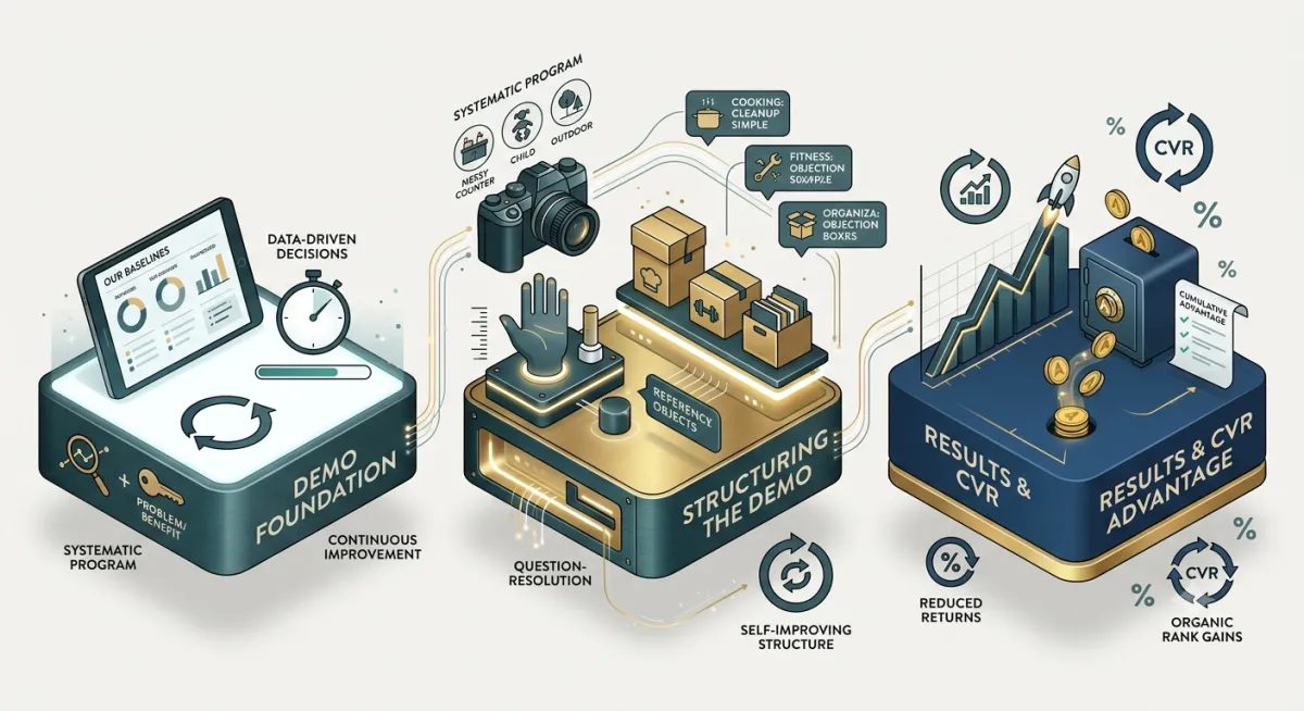 An isometric flat-design infographic illustrating a systematic three-stage Amazon product demo framework. It shows a continuous self-perpetuating cycle from foundation to structure to results, visualized as connected digital platforms.