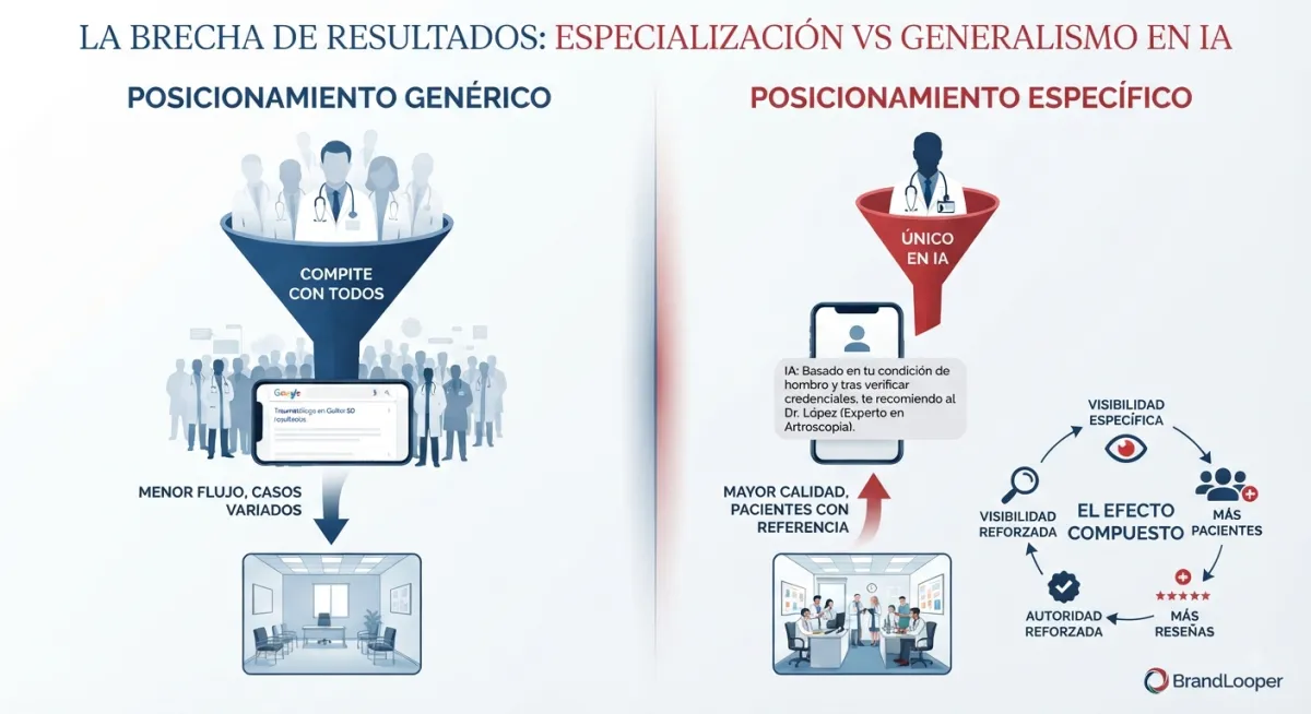 Infografía conceptual de BrandLooper que explica por qué dos médicos con la misma especialidad tienen resultados diferentes en 2026. Compara el 'Posicionamiento Genérico' (compite con todos) con el 'Posicionamiento Específico' (único en IA). Incluye el efecto compuesto.