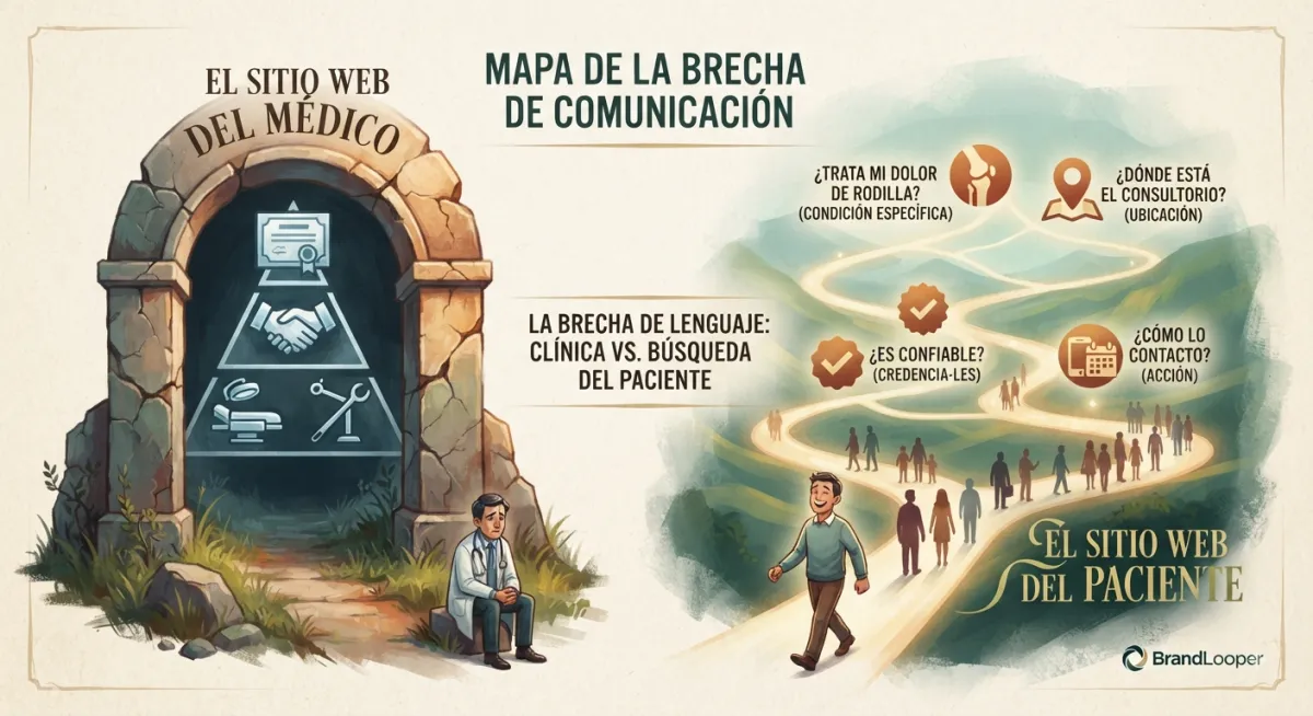 Infografía conceptual de BrandLooper que ilustra el 'Mapa de la Brecha de Comunicación' entre médicos y pacientes. Muestra a un especialista solo frente a su sitio web clínico tradicional y a pacientes fluyendo hacia un sitio web optimizado para sus búsquedas.