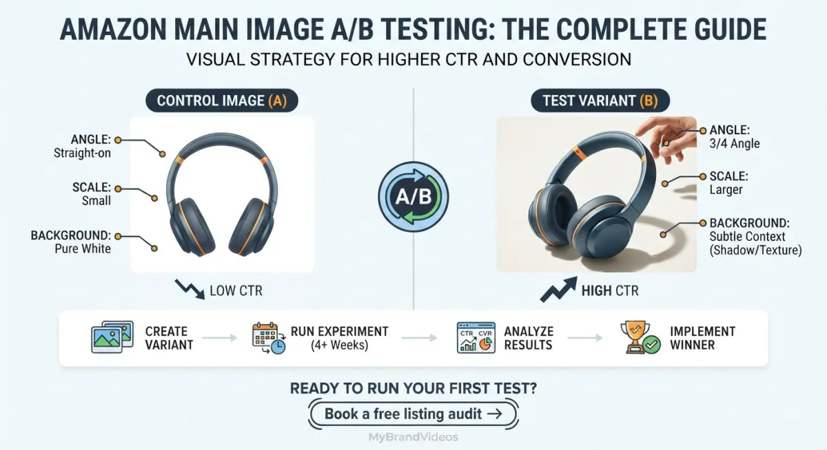 A graphic-style infographic illustrating an A/B split test for an Amazon main product image. The left side shows a 'Control Image' (straight-on angle, small scale, pure white background) with 'Low CTR'. The right side shows a 'Test Variant' (3/4 angle, larger scale, subtle lifestyle context, high CTR). Below, a four-step process flow (Create Variant, Run Experiment, Analyze Results, Implement Winner) demonstrates the testing cycle for higher conversion.