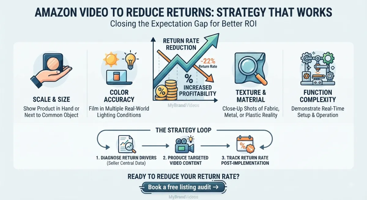 An infographic illustrating a four-step strategy to reduce Amazon returns using video content. The graphic details how video closes expectation gaps related to product scale, color accuracy, texture/material, and function complexity. It also outlines a three-part strategy loop: diagnose drivers, produce targeted video, and track return rate. A final call-to-action promotes a free listing audit from MyBrand Videos.