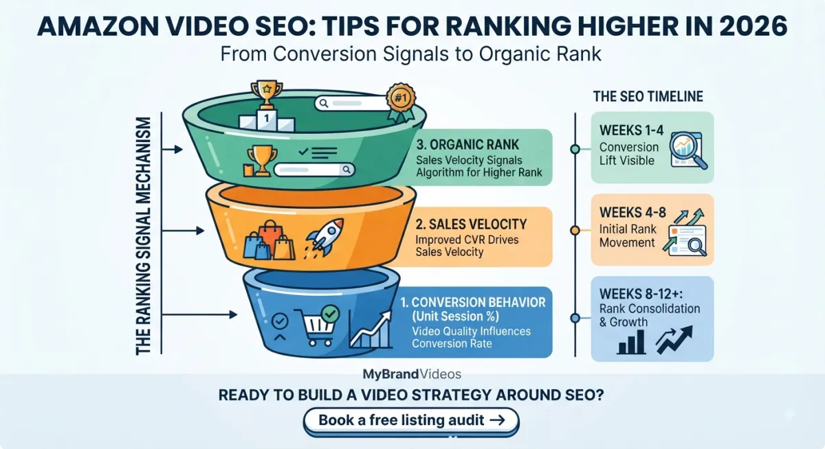 An infographic illustrating the Amazon Video SEO ranking mechanism for 2026. The graphic shows an upward-spiraling funnel where 'Conversion Behavior' (Unit Session %) leads to 'Sales Velocity,' which in turn drives 'Organic Rank.' A corresponding timeline shows rank improvement occurring over 8-12 weeks. The final call-to-action promotes a free listing audit from MyBrand Videos.