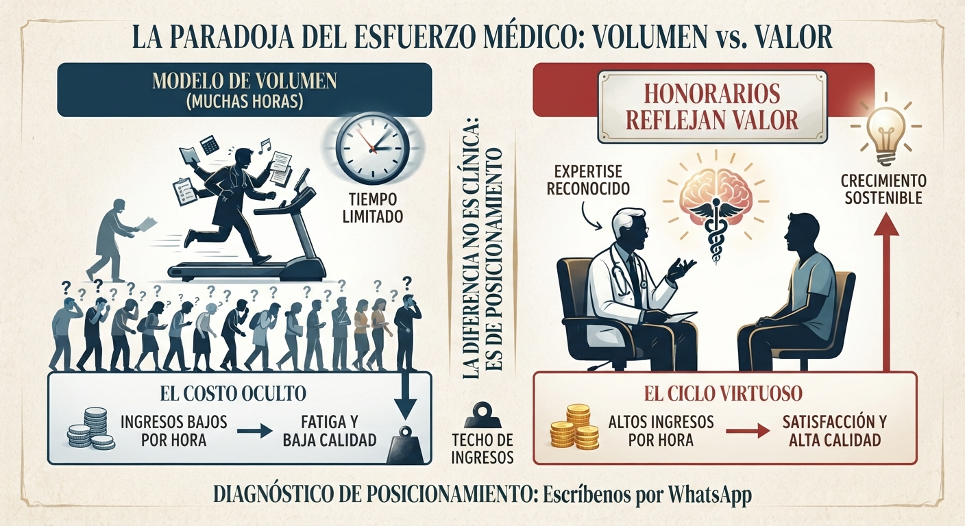 Infografía comparativa de BrandLooper sobre la 'Paradoja del Esfuerzo Médico', contrastando el 'Modelo de Volumen' (agotador, bajo ingreso por hora) frente al 'Modelo de Valor' (sostenible, alto ingreso por hora). Muestra el impacto en la calidad de vida y de atención.