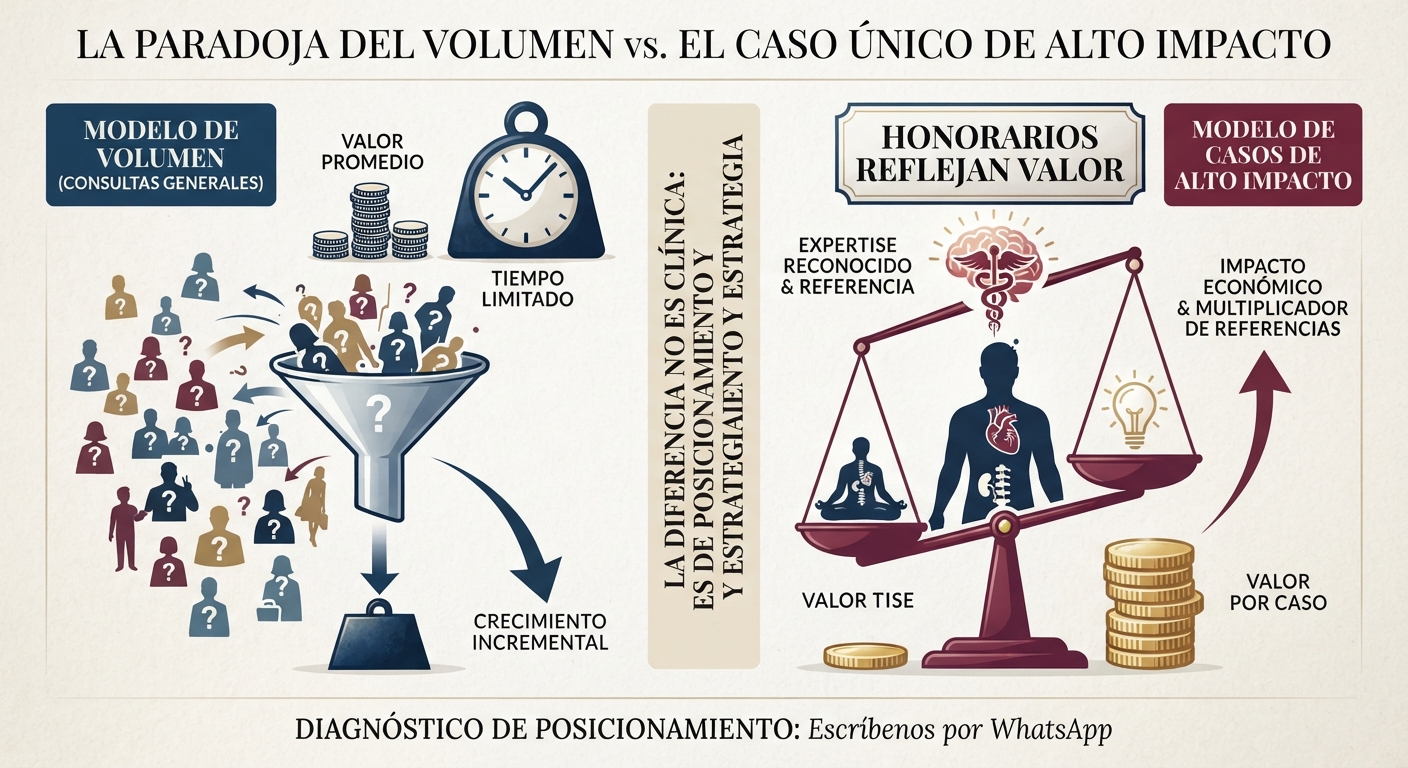 Infografía comparativa de BrandLooper sobre la 'Paradoja del Volumen vs. El Caso Único de Alto Impacto' en medicina. Contrasta el modelo de consultas generales (agotador, bajo valor) frente al modelo de especialidades de alto impacto (valor por caso, multiplicador de referencias).