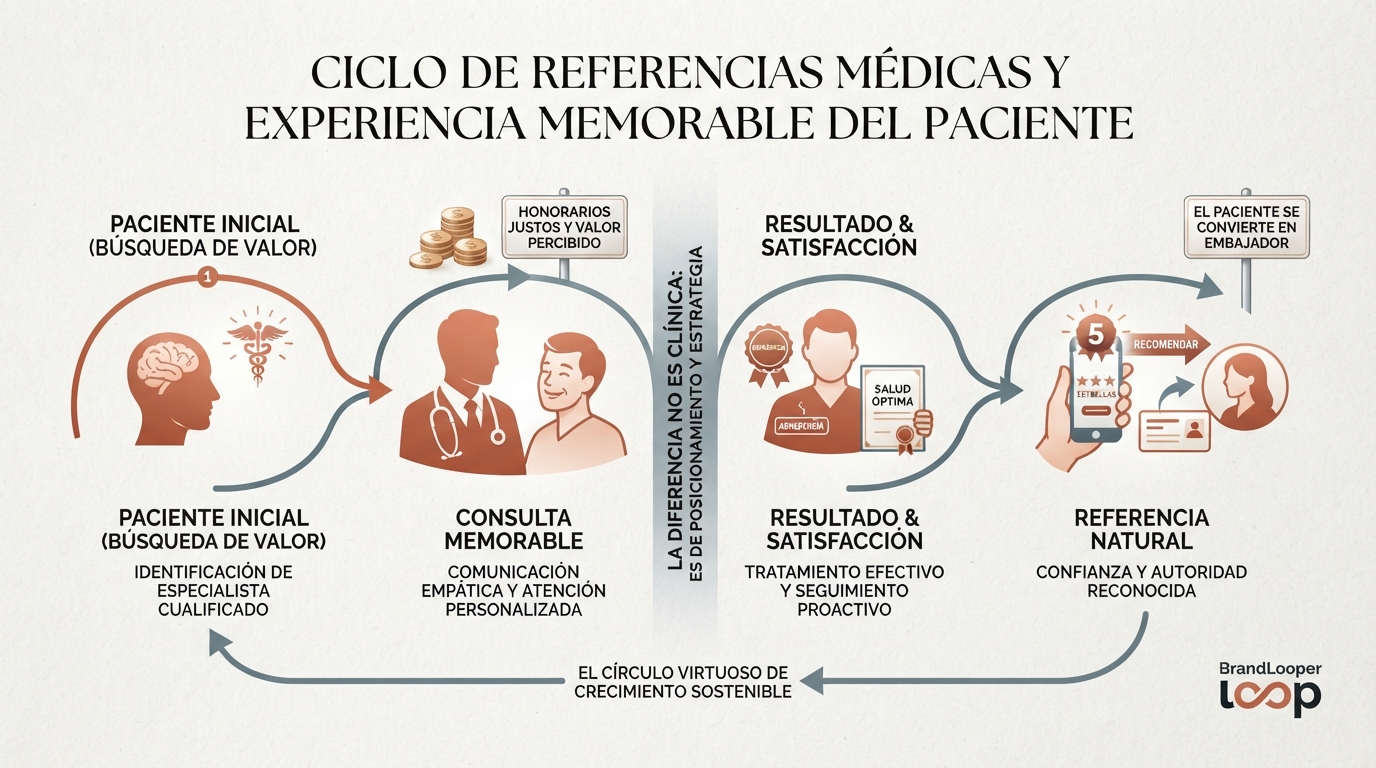 Infografía minimalista de BrandLooper en tonos terracota y gris pizarra, mostrando el diagrama de flujo del 'Ciclo de Referencias Médicas'. Ilustra la conexión entre la experiencia memorable del paciente, la confianza y el crecimiento orgánico de la consulta.
