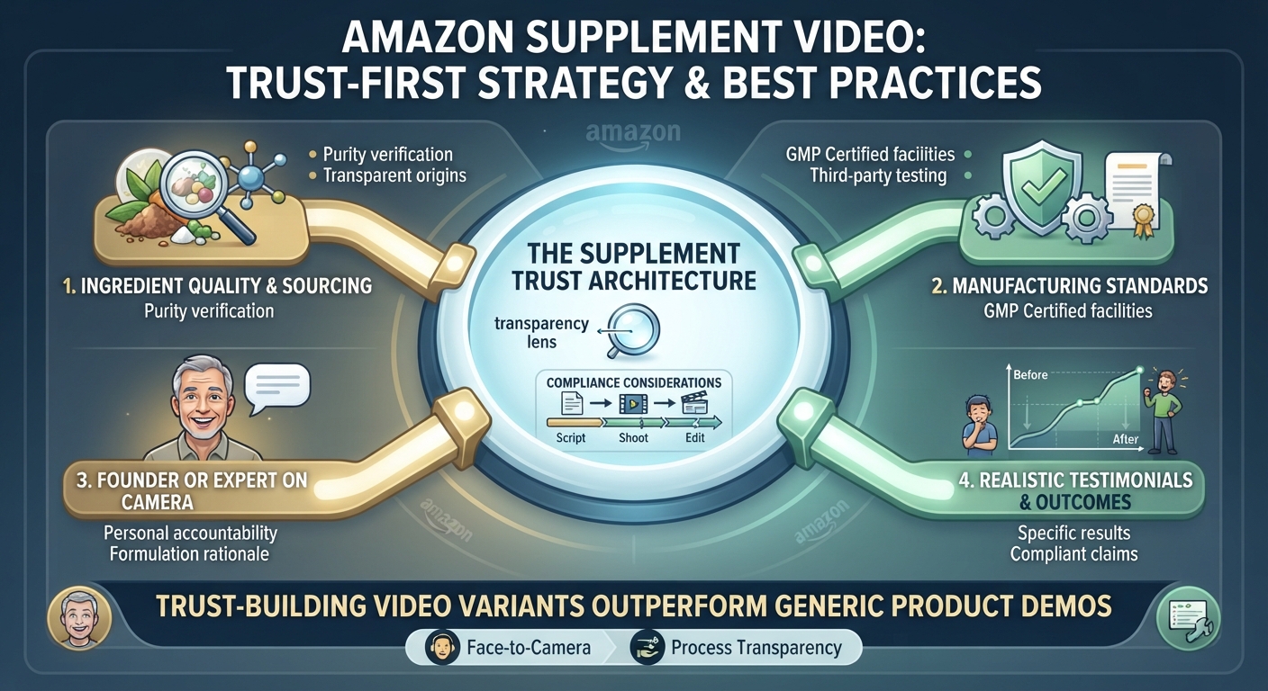 An infographic titled "Amazon Supplement Video: Trust-First Strategy & Best Practices" illustrating a 4-pillar architecture for building credibility. It details the importance of communicating ingredient sourcing, manufacturing standards, featuring experts on camera, and using realistic testimonials, while highlighting compliance considerations.