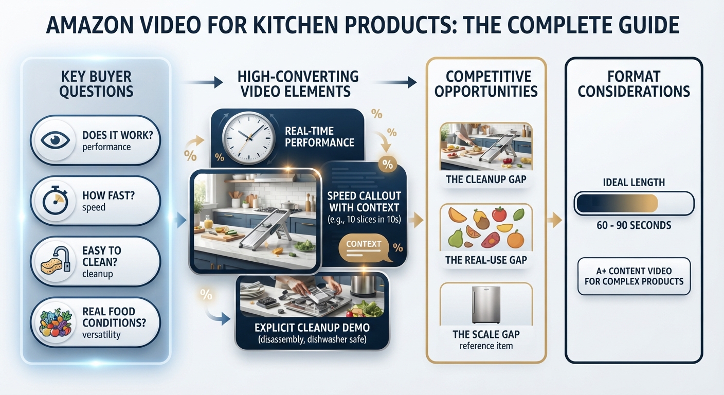 A comprehensive infographic guide titled "AMAZON VIDEO FOR KITCHEN PRODUCTS: THE COMPLETE GUIDE," illustrating a 4-step process. It covers key buyer questions (performance, speed, cleanup, versatility), high-converting video elements (real-time performance, speed callouts, explicit cleanup demos), competitive opportunities (cleanup gap, real-use conditions gap), and format considerations (60-90 second ideal length).