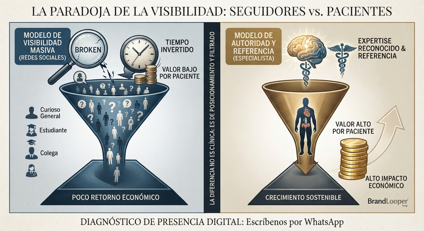 Infografía estratégica de BrandLooper ilustrando la 'Paradoja de la Visibilidad'. Contrasta el modelo de redes sociales (seguidores masivos, bajo valor) frente al modelo de autoridad y referencia (pacientes calificados, alto ticket)