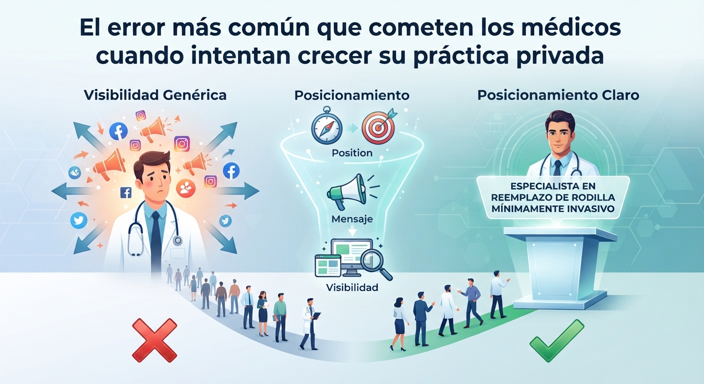 Infografía médica sobre el error común de los médicos al buscar crecer su práctica privada: comparativa entre visibilidad genérica caótica y posicionamiento claro y especializado en reemplazo de rodilla.