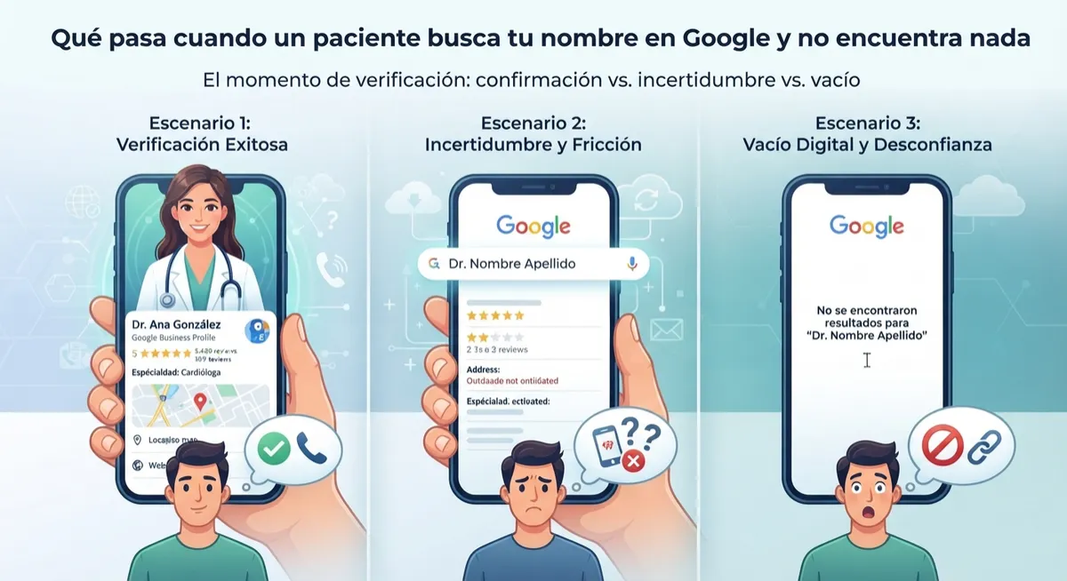 Infografía sobre la importancia de la presencia digital médica: los tres escenarios cuando un paciente busca el nombre de un médico en Google (verificación exitosa, incertidumbre y vacío digital).