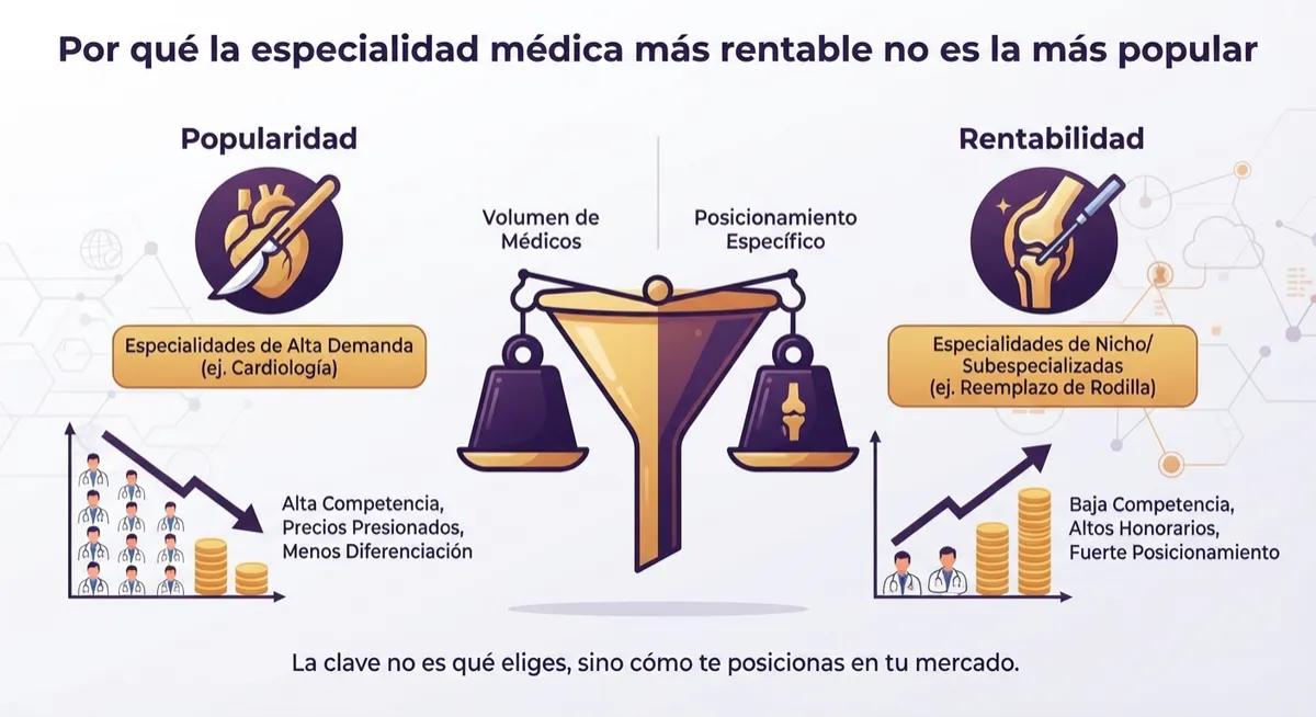 Infografía médica comparando la popularidad y la rentabilidad de las especialidades médicas: el enfoque en subespecialidades de nicho (ej. rodilla) frente a las de alta demanda (ej. cardiología).