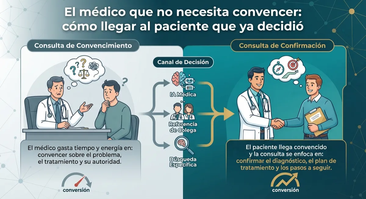 Infografía comparativa sobre la primera consulta médica: "Consulta de Convencimiento" (requiere persuasión) vs. "Consulta de Confirmación" (paciente ya decidido). Ilustra la importancia de los canales de referencia (IA, colegas, búsquedas) para lograr un paciente convencido.