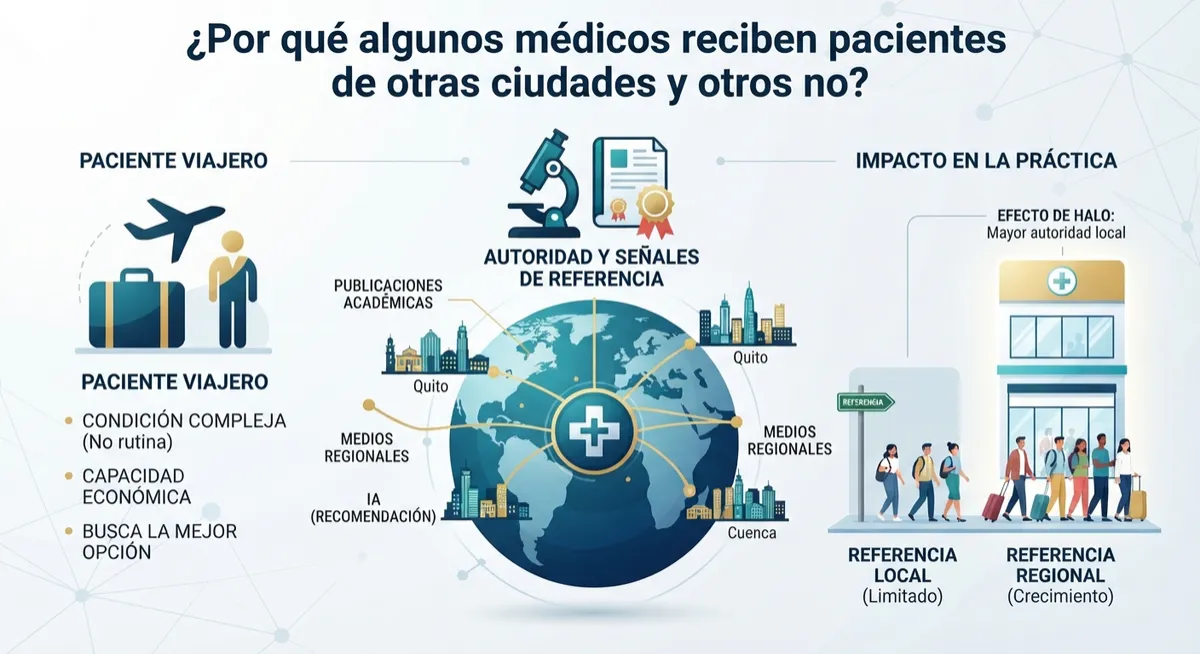 Infografía detallada que explica por qué algunos médicos reciben pacientes de otras ciudades, destacando el rol de la autoridad médica y las señales de referencia.