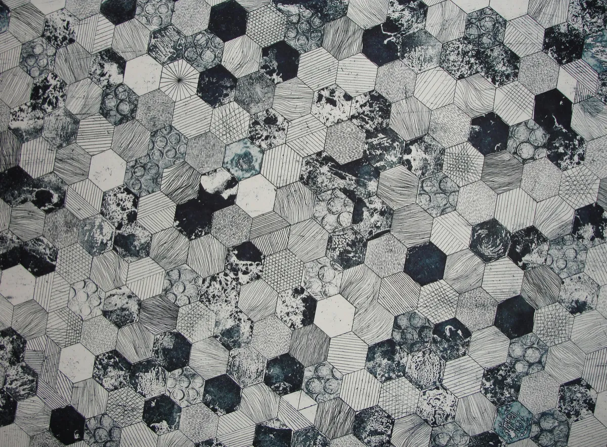 blue pattered hexagon tiles