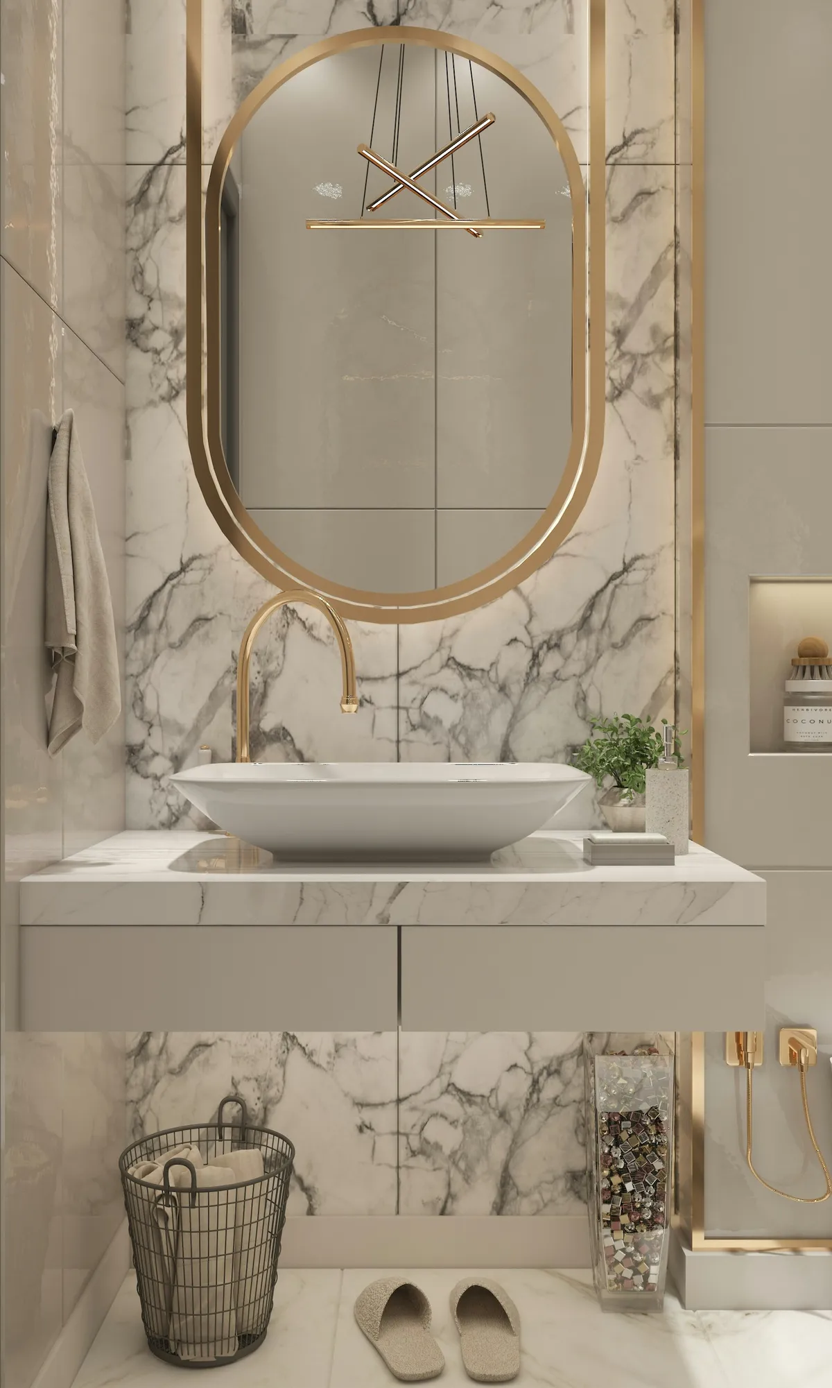 Modern white and gold vanity with marble tiles
