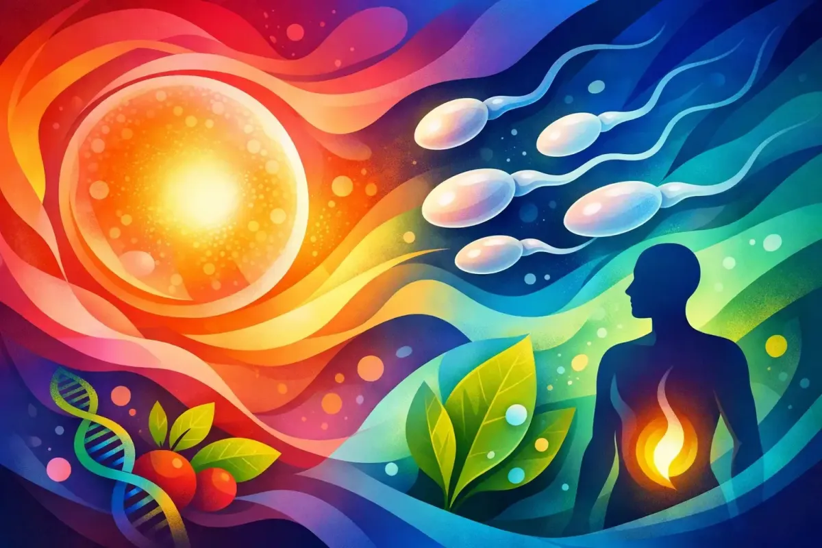A group of sperm with strong appearances are racing towards a glowing egg ready to fertilize.